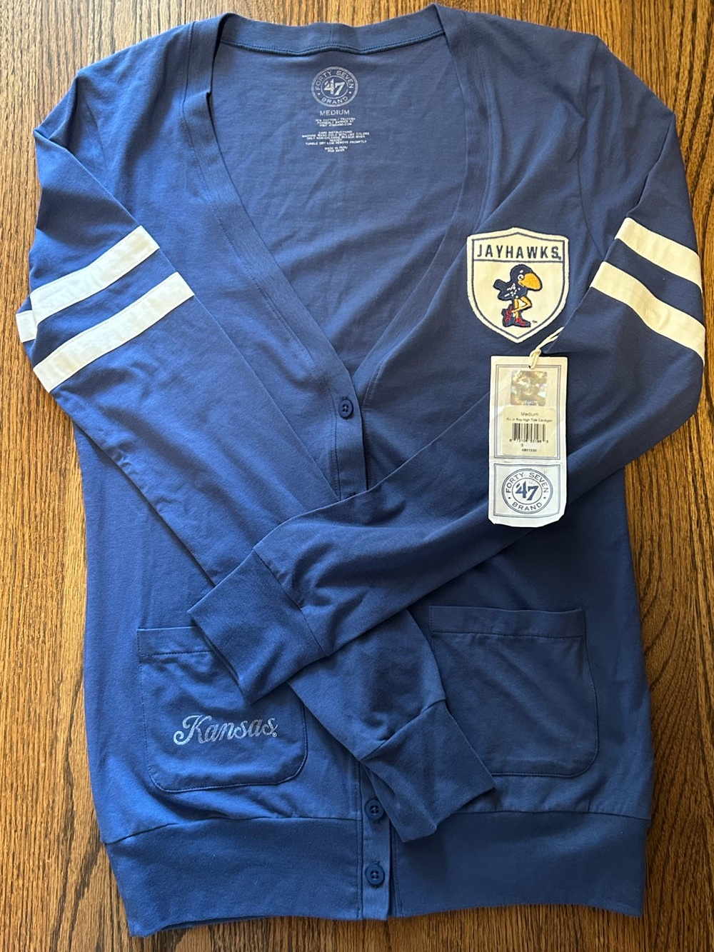NWT Kansas Jayhawks 47 Brand Cardigan Size M Blue Varsity Style
